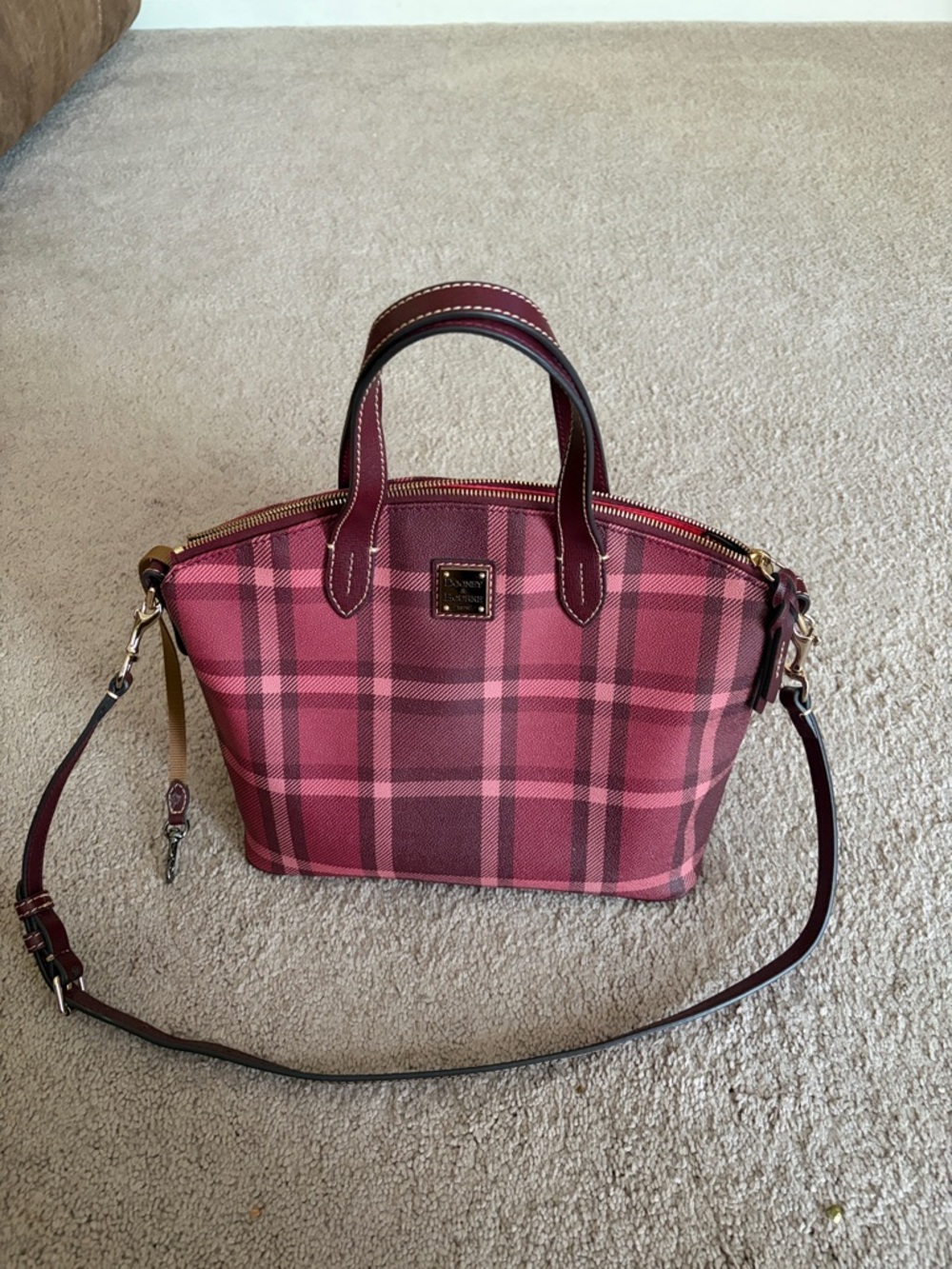 Dooney & Bourke Pink Plaid Satchel with Burgundy Trim - Picture 2 of 7